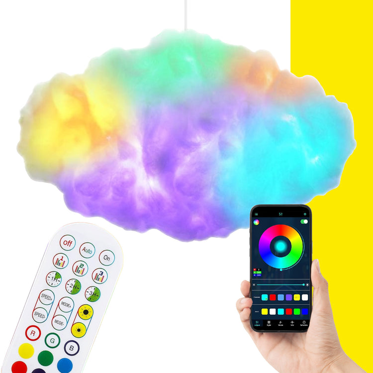 Lámpara LED decorativa en forma de nube que cambia de color, controlada por remoto y móvil, perfecta para crear ambientes personalizados. Disponible en versiones que sincronizan con la música para añadir un toque dinámico a las habitaciones o espacios juveniles.