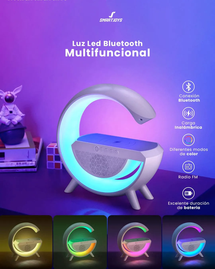 Altavoz Bluetooth con luz LED de colores y carga inalámbrica para teléfono móvil.