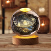 Lámpara decorativa con forma de globo, mostrando un diseño del sistema solar iluminado en la base de madera.