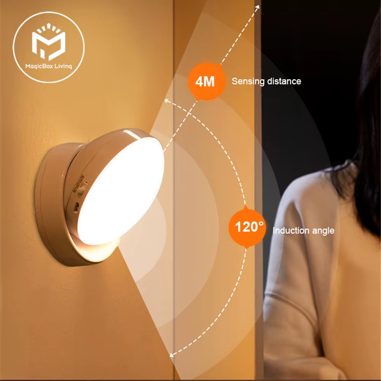 Lámpara LED de pared con sensor de movimiento, ángulo de inducción de 120° y alcance de 4 metros.