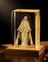 3D crystal engraving of Virgin Mary on a wooden base.