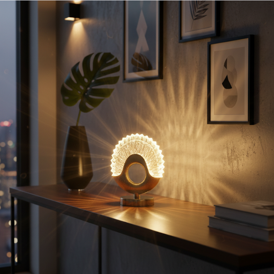 A contemporary living space featuring a wooden console table with a sculptural designer lamp emitting a radiant sunburst light pattern. The lamp is surrounded by minimalistic decor, including a tall vase with a monstera leaf, framed abstract wall art, and stacked books. The room has a moody ambiance with city lights visible through a large window, blending modern elegance with cozy evening lighting.